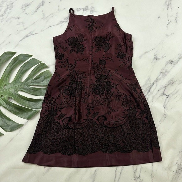 XOXO Womens Vintage Y2k Mini Dress Size 11 Burgundy Black Flocked Lace Print - Picture 6 of 9